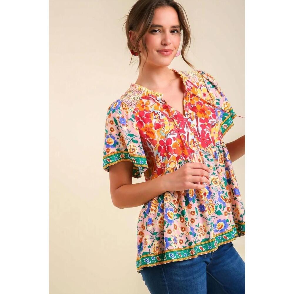 NEW UMGEE mixed floral print bohemian top in pink - Picture 4 of 6